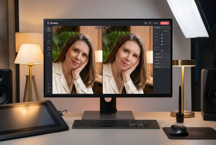 AI make-up bez vizážistky, ukázka před a po retuši v programu Evoto na monitoru v ateliéru Marcely Kramářové, fotografka Brno