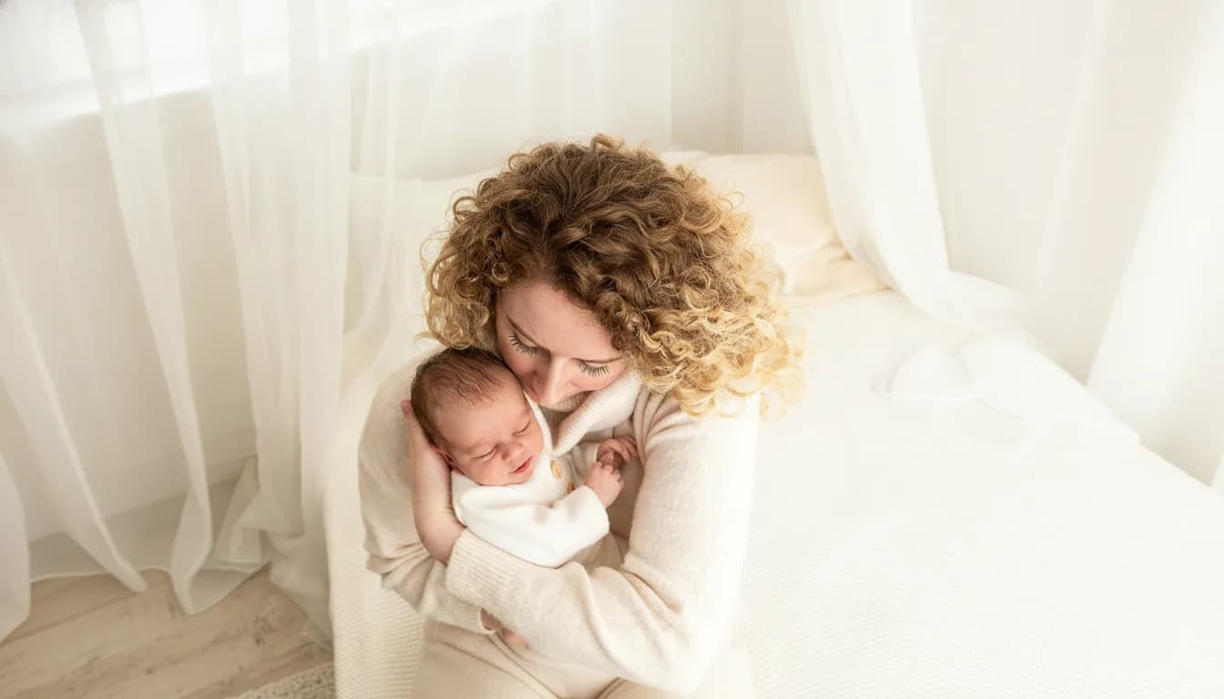 Kolik stojí newborn focení Brno, maminka drží novorozené miminko v ateliéru v Čechyni nedaleko Brna, fotografka Marcela Kramářová