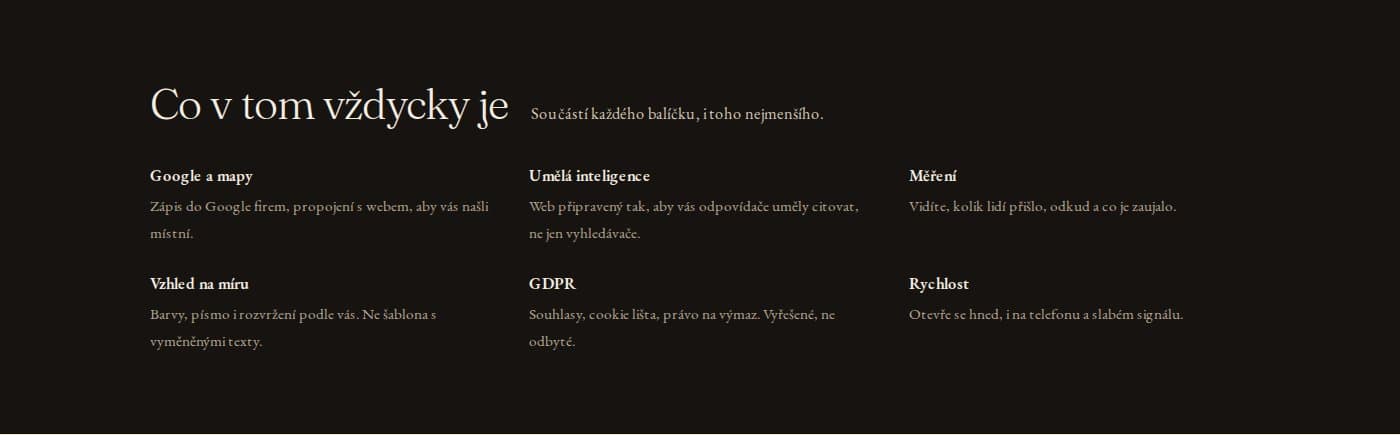 Oddíl na webu, kde je vypsané, co web vždycky umí: Google a mapy, umělá inteligence, měření, GDPR a rychlost
