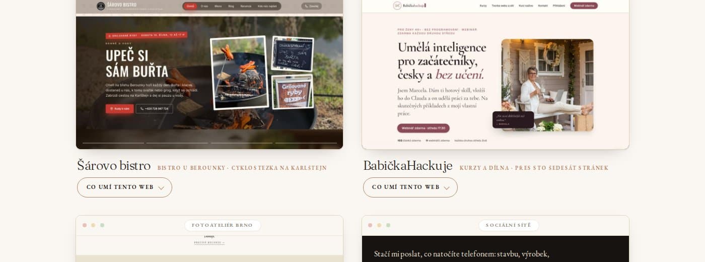 Náhledy několika různých webů vedle sebe, každý s vlastním rukopisem