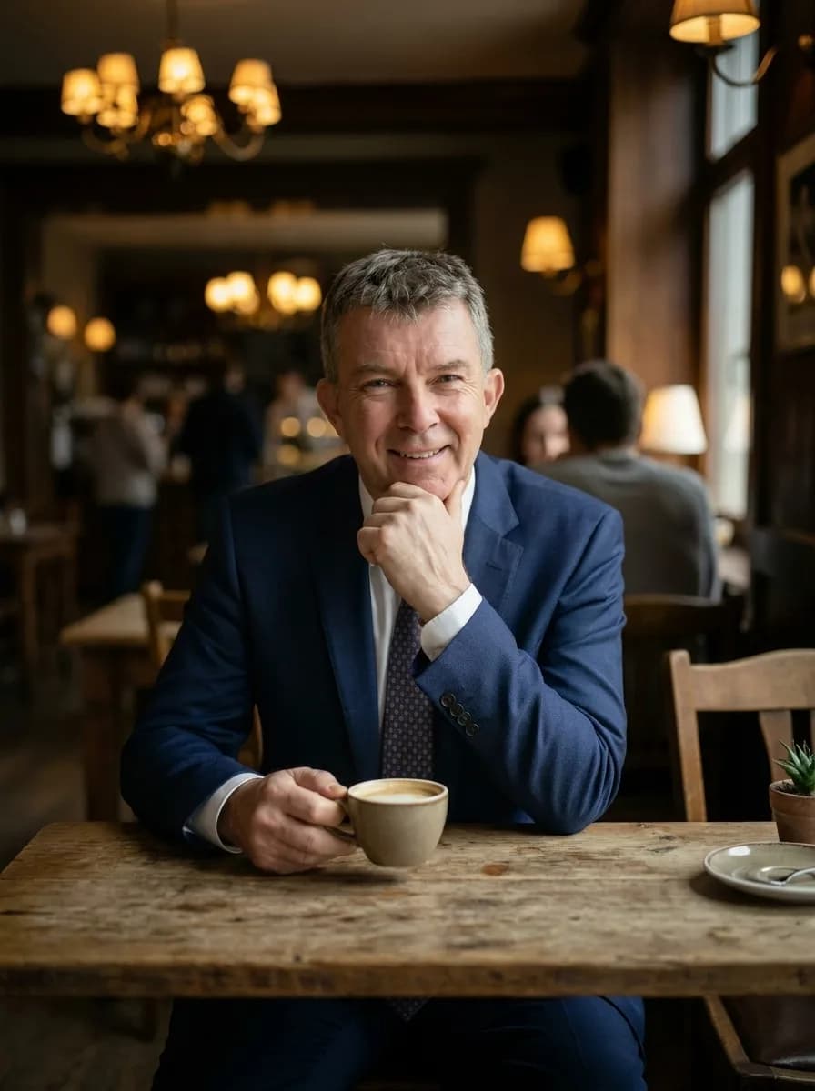 Náhled průvodce business focením, podnikatel v modrém saku s kávou v kavárně, profesionální portrét, Marcela Kramářová, Fotoatelier Brno