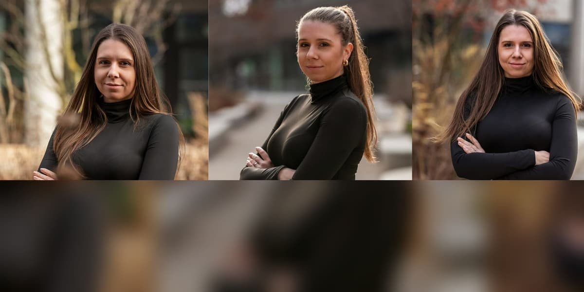Business focení Brno, triptych portrétů ženy v tmavém rolák před moderní architekturou, fotografka Marcela Kramářová, Fotoatelier Brno
