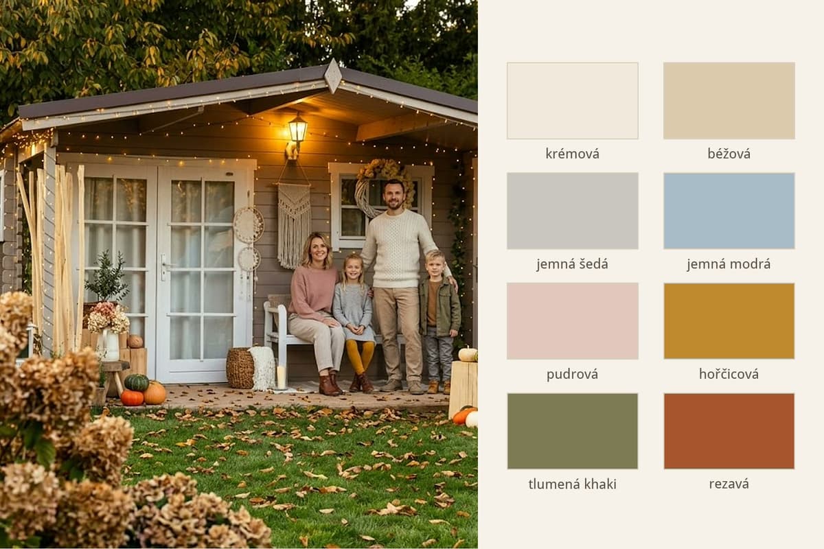 Podzimní barevná paleta k focení: krémová, béžová, jemná šedá, jemná modrá, pudrová, hořčicová, tlumená khaki a rezavá. Vedle nich rodina u zahradního domečku, každý v jiné barvě z téže palety.