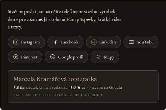 Oddíl webu se seznamem sociálních sítí: Instagram, Facebook, LinkedIn, YouTube, Pinterest, Google profil a mapy