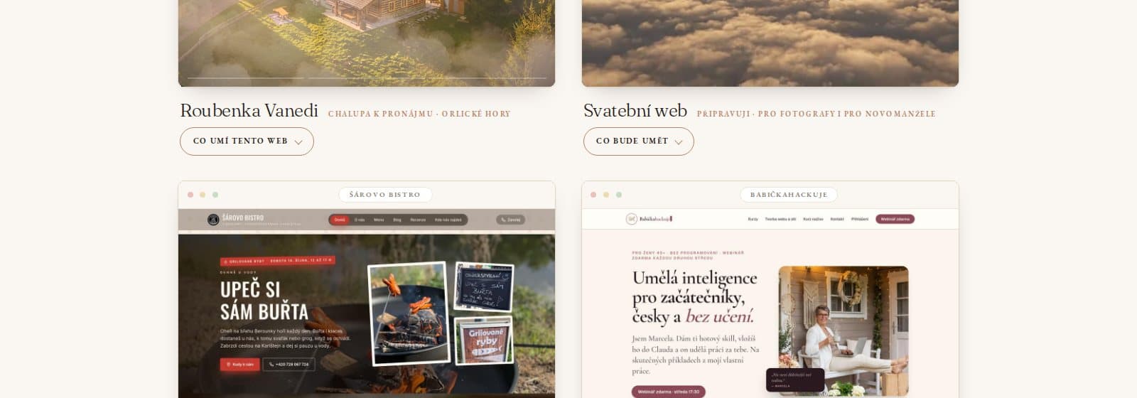 Náhledy čtyř webů od Marcely Kramářové vedle sebe: Roubenka Vanedi, svatební web, Šárovo bistro a BabičkaHackuje