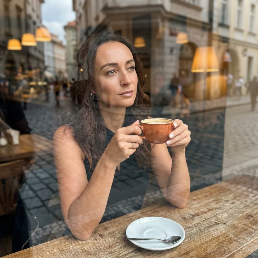 LinkedIn portrét Brno, autentický business portrét ženy u kávy v městské kavárně v Brně