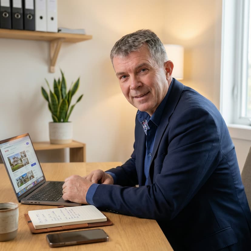 Business portrét Brno, muž v přirozeném pracovním prostředí u stolu, profesionální focení pro firemní web