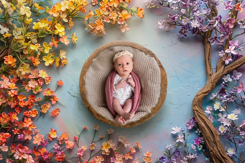 Newborn focení Brno s AI stylizací, jemný portrét miminka v ateliéru v Čechyni nedaleko Brna, dekorace dotvořená v postprodukci