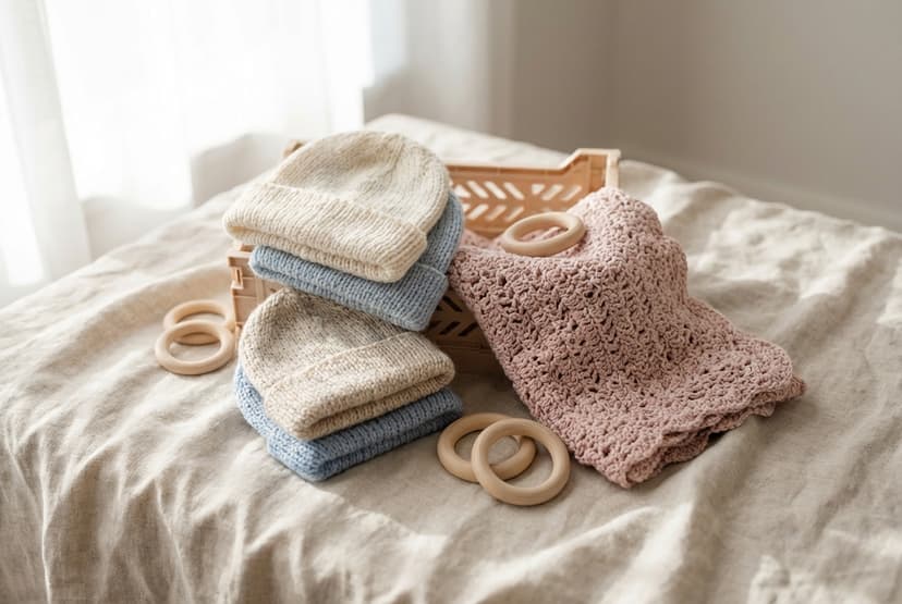 Newborn focení Brno, ručně pletené dečky, čepičky a přírodní doplňky připravené v ateliéru v Čechyni nedaleko Brna