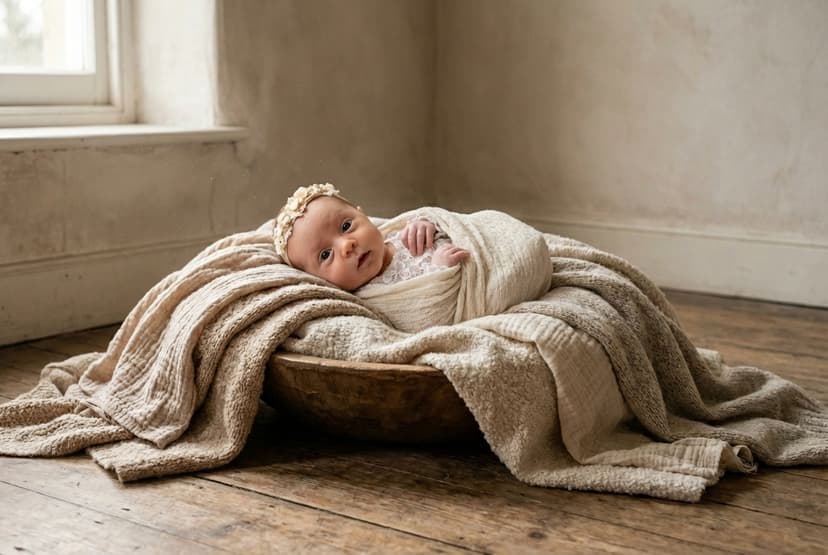 Newborn focení Brno, jemný stylizovaný portrét miminka v ateliéru v Čechyni nedaleko Brna, neutrální tóny a AI dekorace