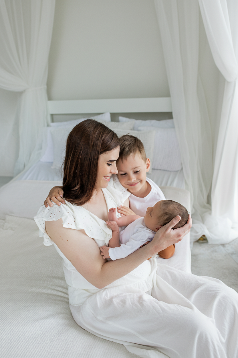Náhled průvodce newborn focením, maminka v bílých šatech drží novorozenou holčičku, vedle starší syn, bílá ložnice ve skandinávském stylu, Marcela Kramářová, Fotoatelier Brno