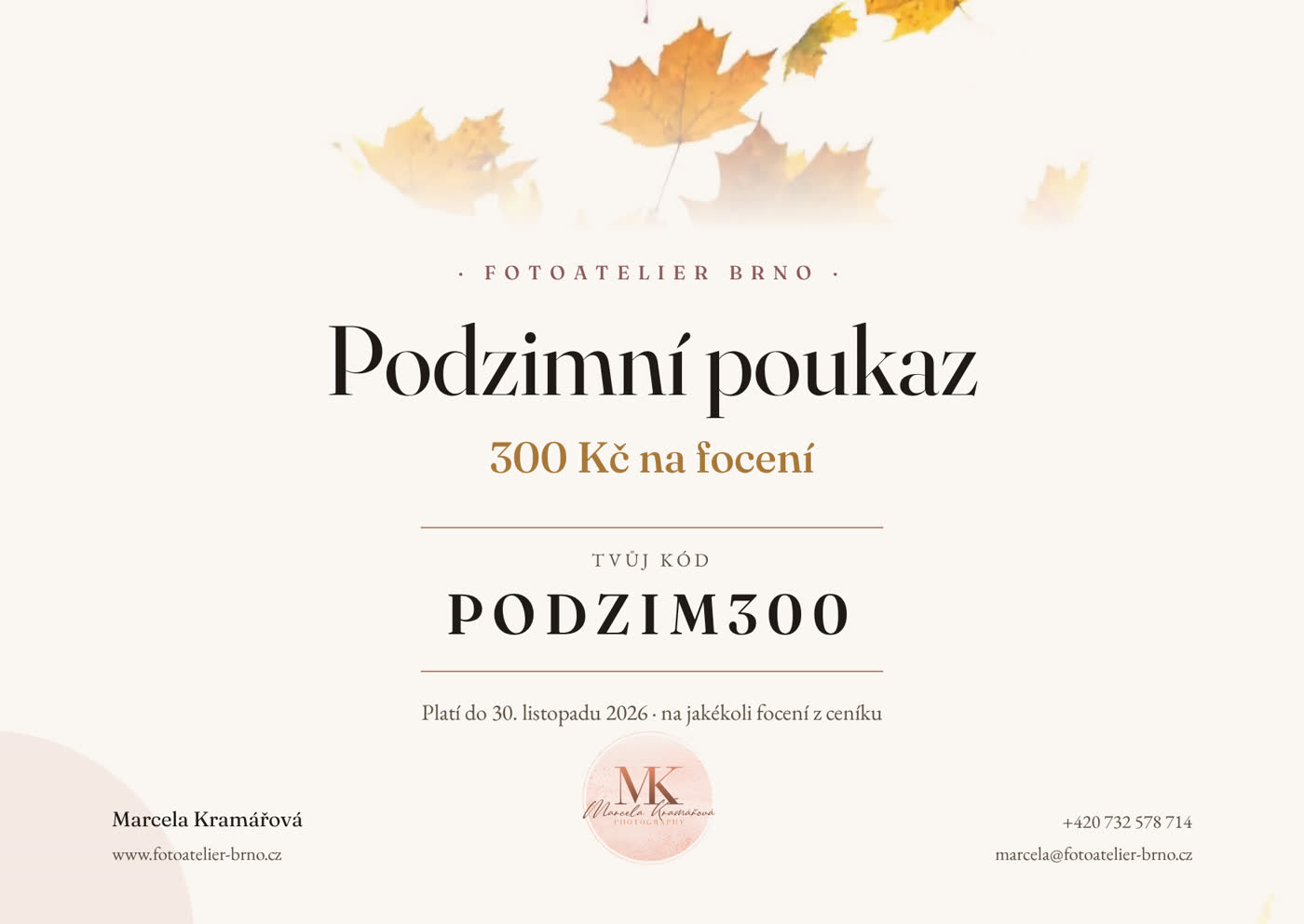 Podzimní poukaz na 300 Kč na focení u Marcely Kramářové, platí do 30. listopadu 2026
