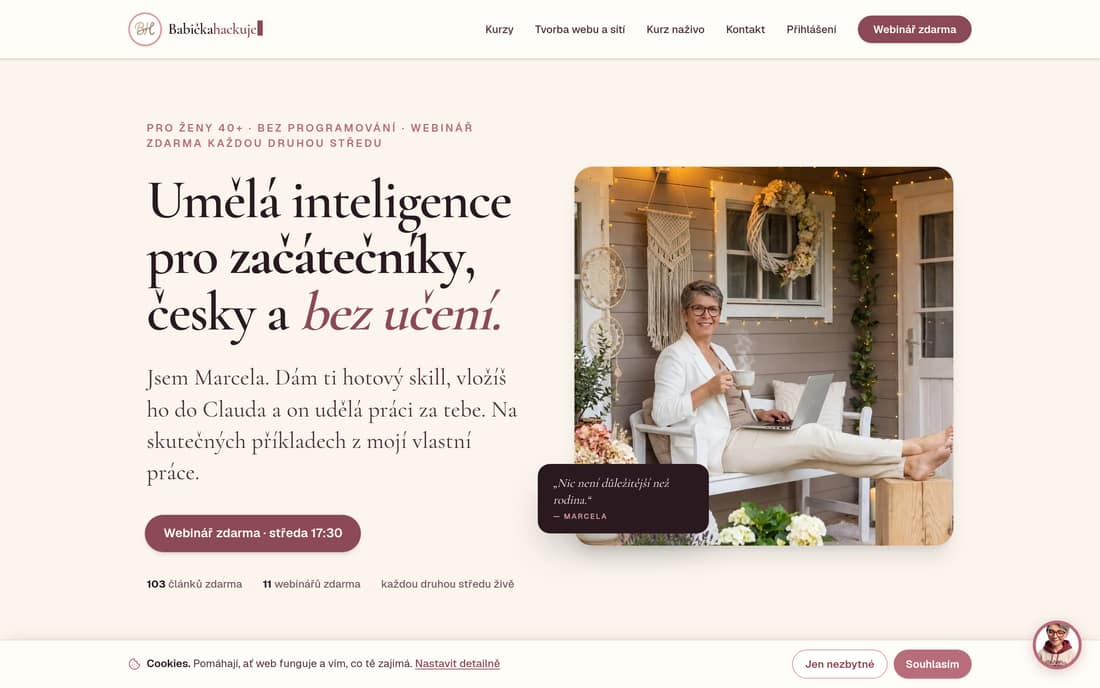 Web BabičkaHackuje: úvodní stránka s Marcelou