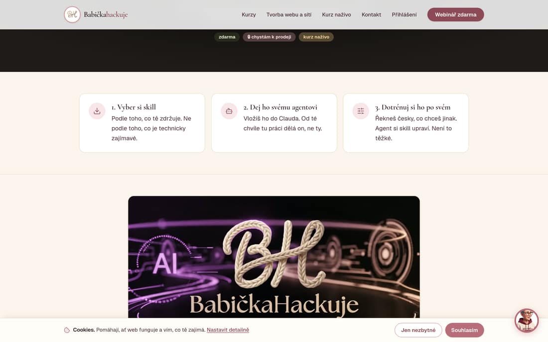 Web BabičkaHackuje: dílna s návody a neonovým nápisem