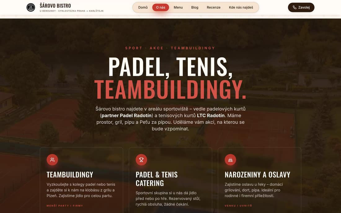 Web Šárova bistra: padel, tenis a teambuilding